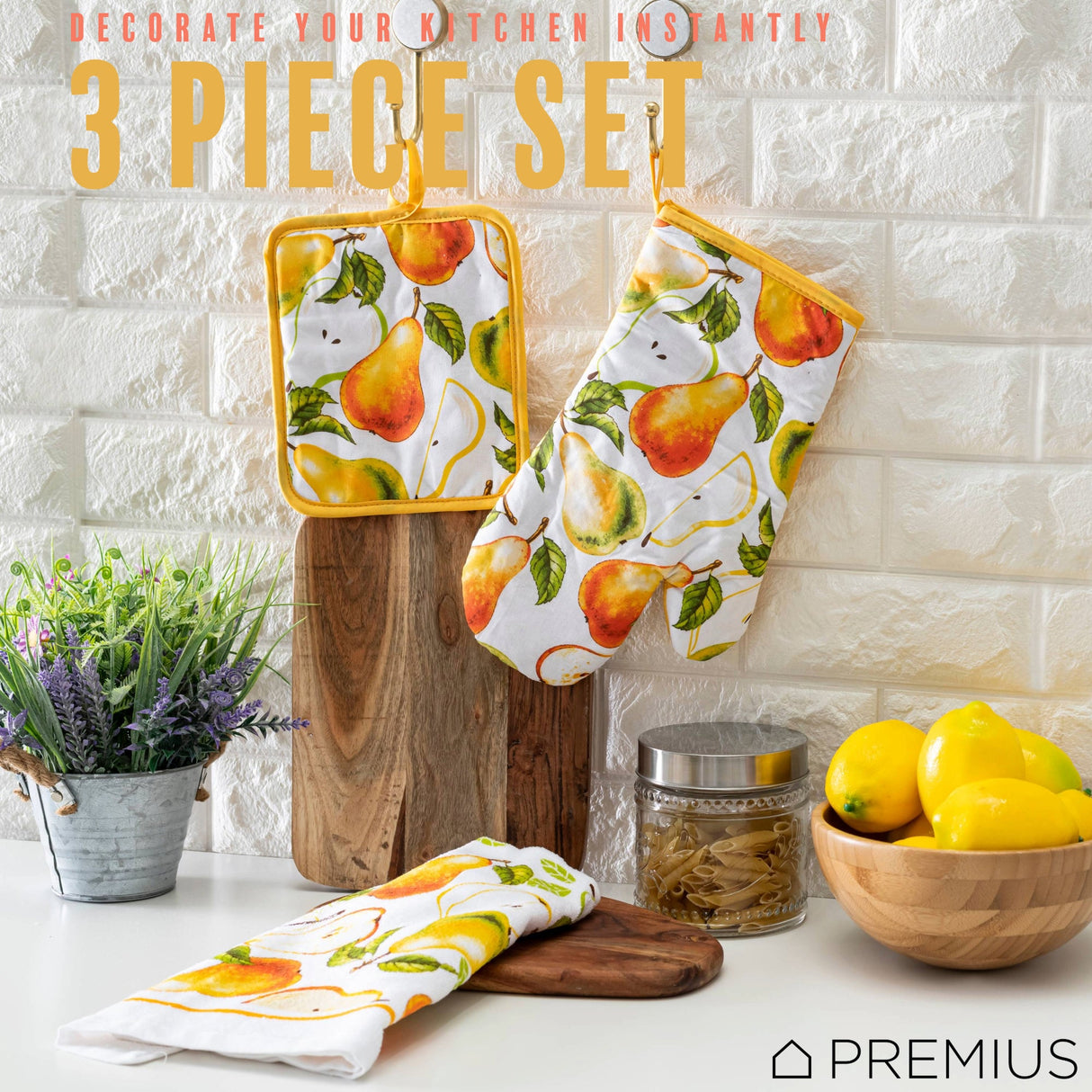 PREMIUS 3 Piece Printed Kitchen Linen Set, 1 Cotton Towel, 1 Pot Holder, 1 Oven Mitt from ShopBobbys