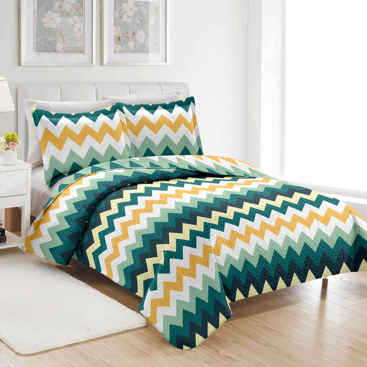 PREMIUS Montego 3 Piece Microfiber Wrinkle-Free Quilt Set, Green-Yellow from ShopBobbys