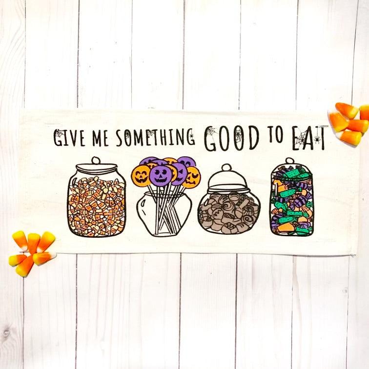 Holiday Panel: Halloween Tick or Treat Candy Jars October Pumpkins Kids Fall Autumn; GIVE ME SOMETHING GOOD TO EAT From PillowPanels