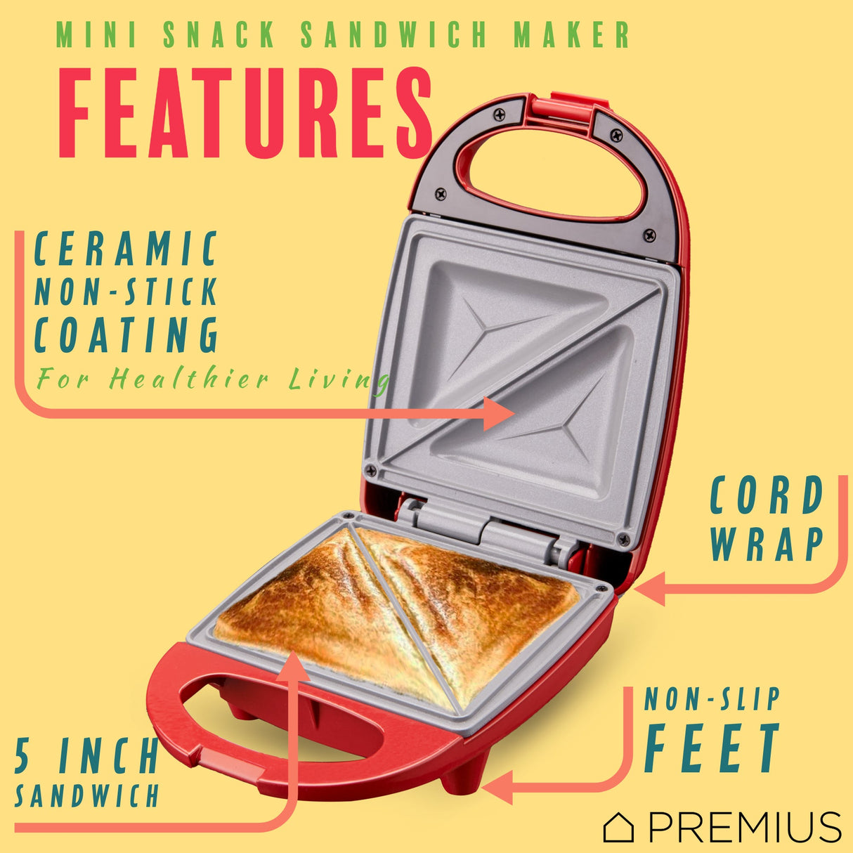 PREMIUS Ceramic Non-Stick Mini Snack Sandwich Maker, 5x4.4 Inch Mold from ShopBobbys