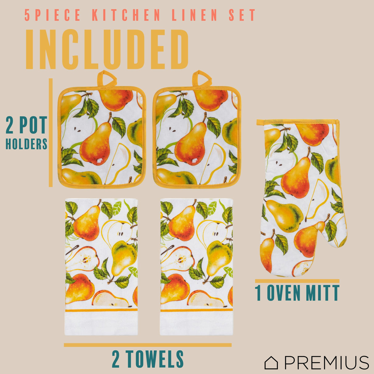 PREMIUS 5 Piece Printed Kitchen Linen Set, 2 Cotton Towels, 2 Pot Holders, 1 Oven Mitt from ShopBobbys