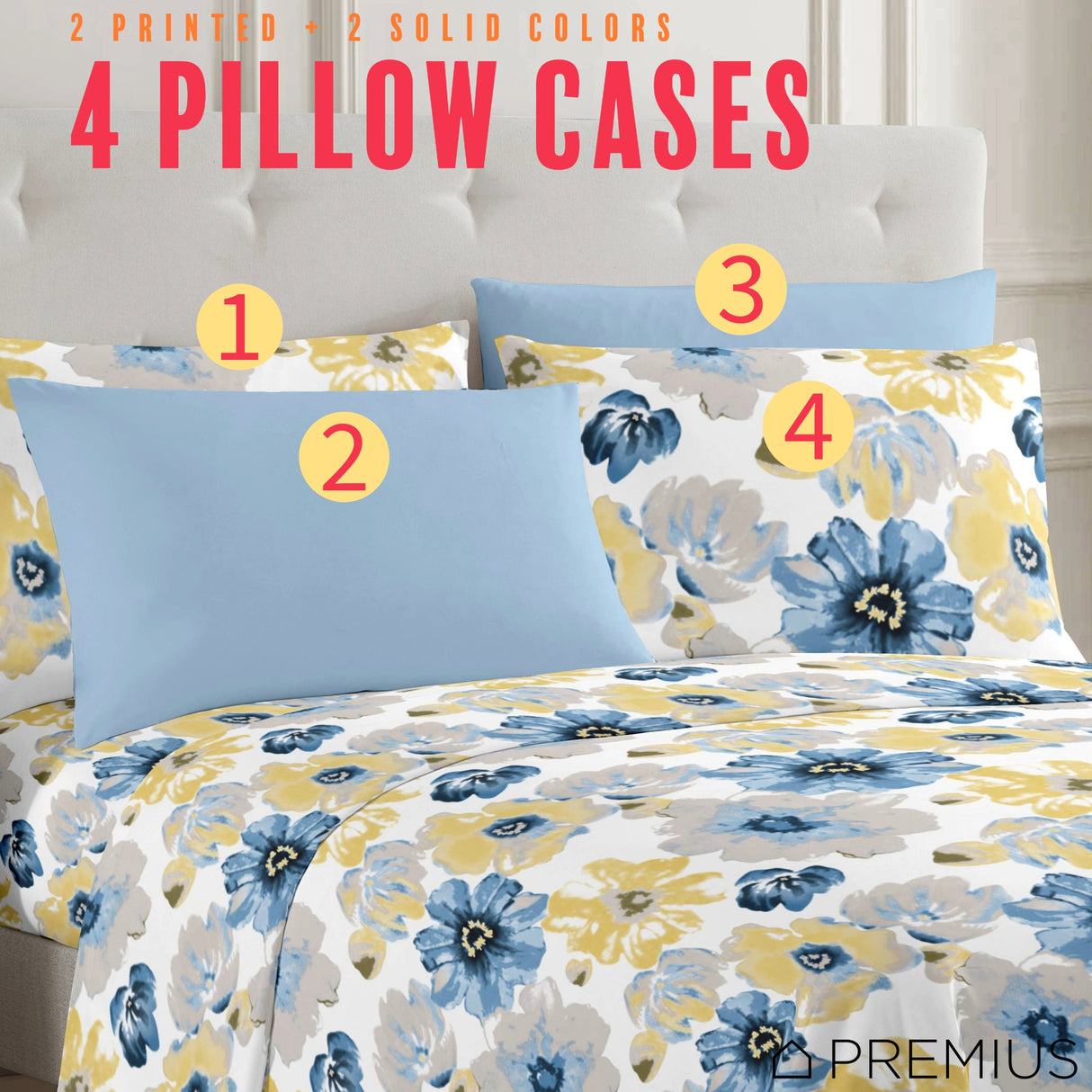 PREMIUS Eliana Soft Wrinkle-Free Microfiber Sheet Set, Blue-Yellow from ShopBobbys