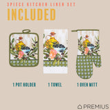 PREMIUS 3 Piece Printed Kitchen Linen Set, 1 Cotton Towel, 1 Pot Holder, 1 Oven Mitt from ShopBobbys
