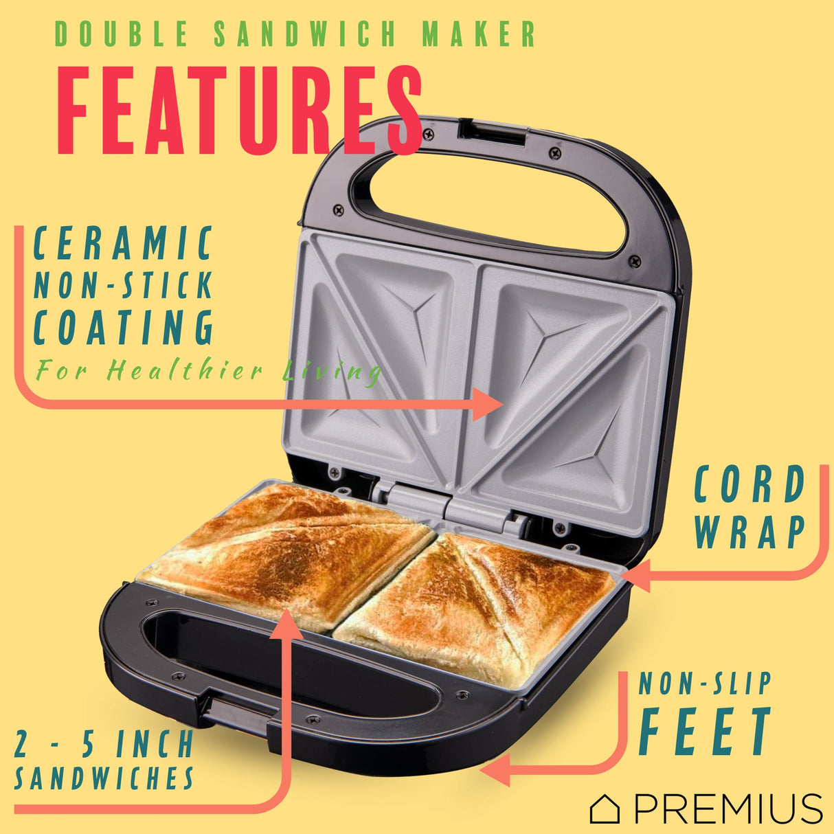 PREMIUS Ceramic Non-Stick Double Slice Sandwich Maker, 8.25x4.75 Inch Mold from ShopBobbys