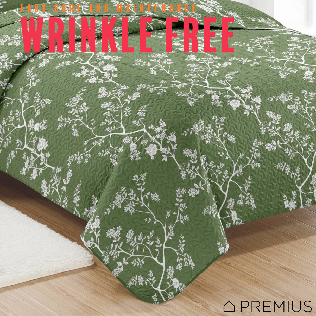 PREMIUS Fernando 3 Piece Microfiber Wrinkle-Free Quilt Set, Green-White from ShopBobbys