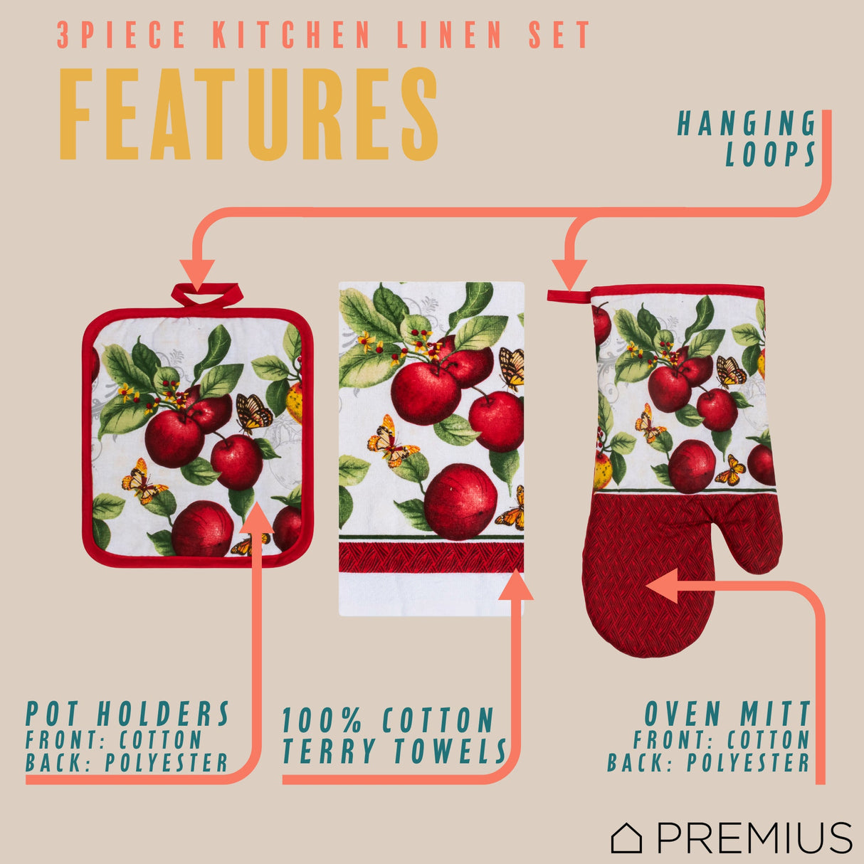 PREMIUS 3 Piece Printed Kitchen Linen Set, 1 Cotton Towel, 1 Pot Holder, 1 Oven Mitt from ShopBobbys
