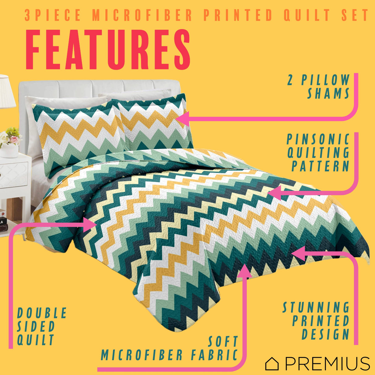 PREMIUS Montego 3 Piece Microfiber Wrinkle-Free Quilt Set, Green-Yellow from ShopBobbys