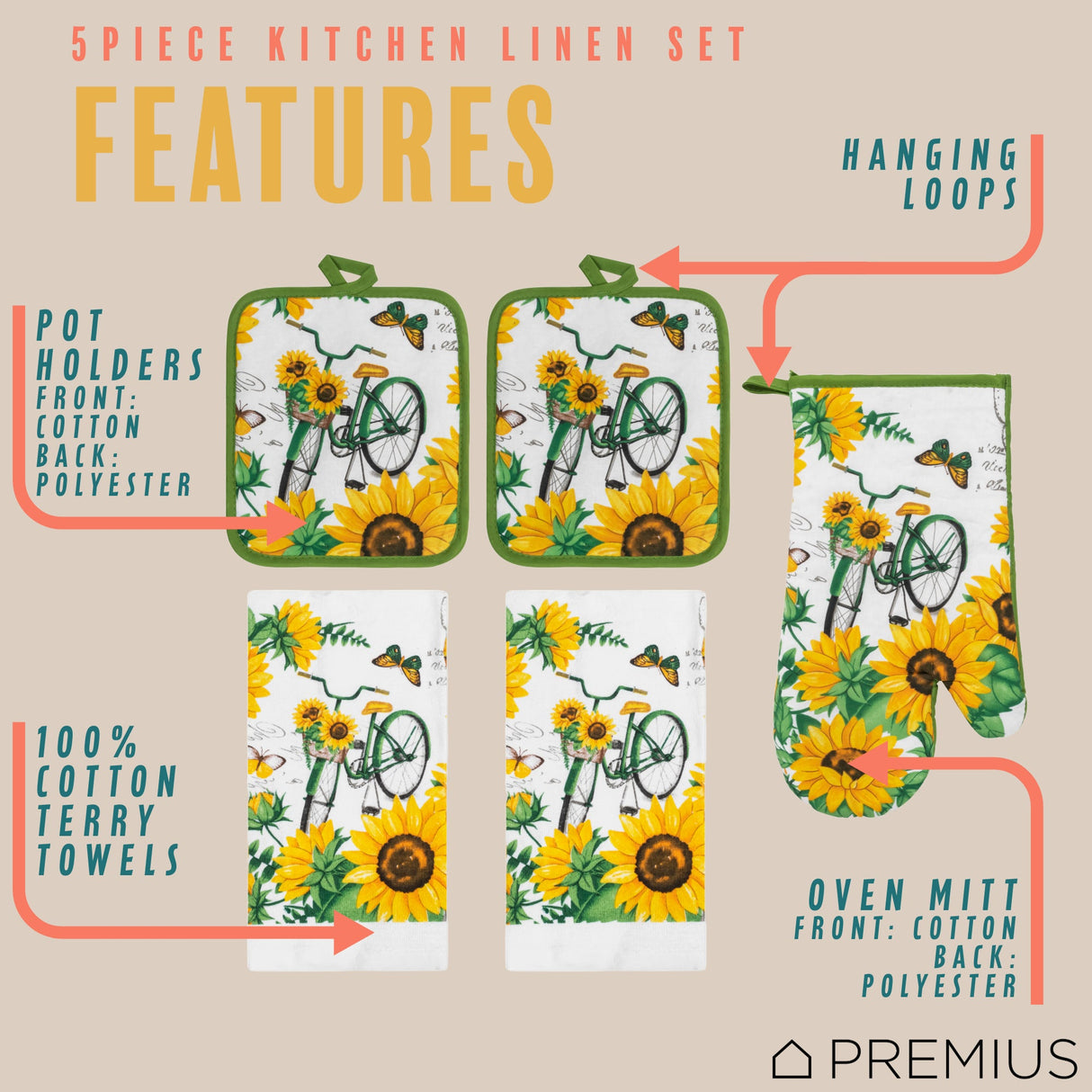PREMIUS 5 Piece Printed Kitchen Linen Set, 2 Cotton Towels, 2 Pot Holders, 1 Oven Mitt from ShopBobbys