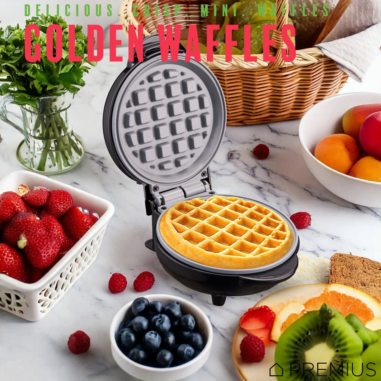 PREMIUS Ceramic Non-Stick Mini Snack Waffle Maker, 4 Inch Mold from ShopBobbys