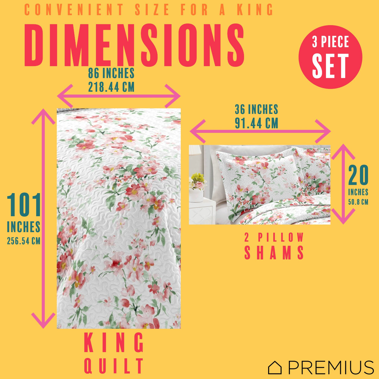 PREMIUS Jennifer 3 Piece Microfiber Wrinkle-Free Quilt Set, White-Red-Green from ShopBobbys