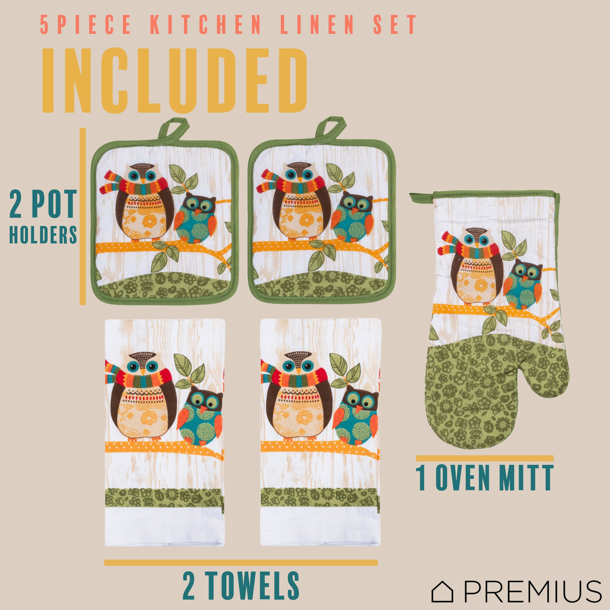 PREMIUS 5 Piece Printed Kitchen Linen Set, 2 Cotton Towels, 2 Pot Holders, 1 Oven Mitt from ShopBobbys