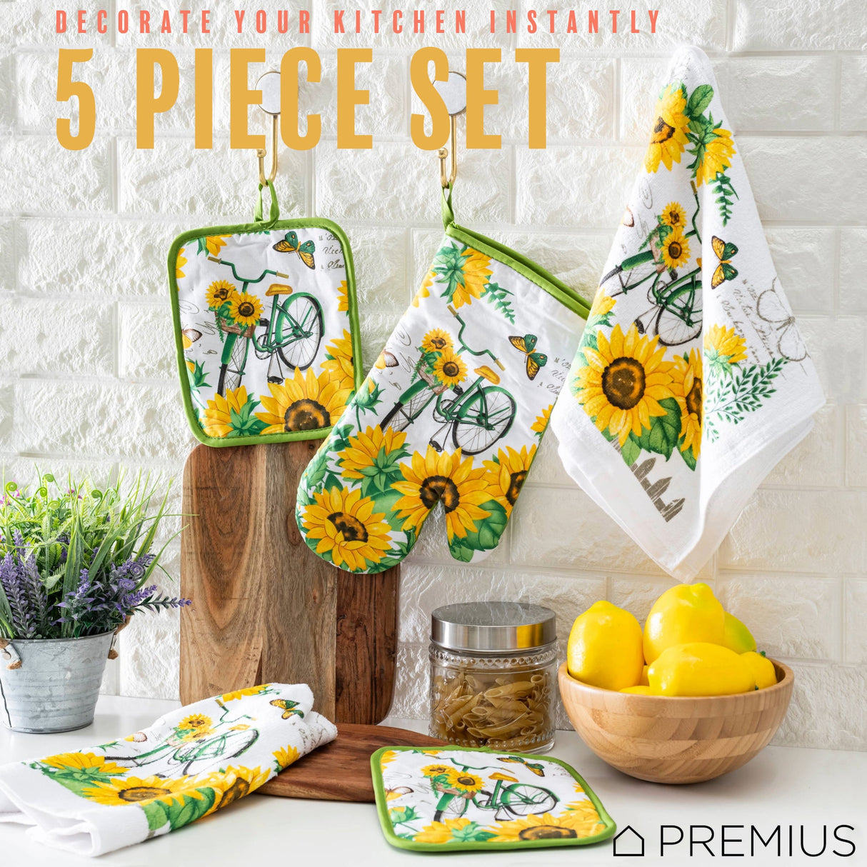 PREMIUS 5 Piece Printed Kitchen Linen Set, 2 Cotton Towels, 2 Pot Holders, 1 Oven Mitt from ShopBobbys