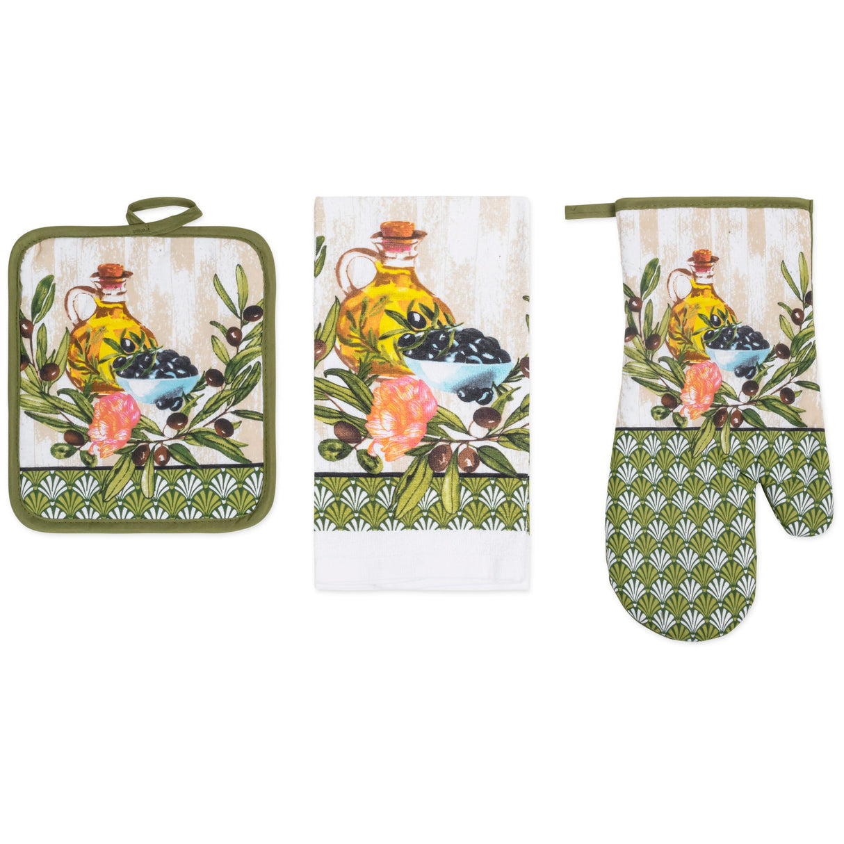PREMIUS 3 Piece Printed Kitchen Linen Set, 1 Cotton Towel, 1 Pot Holder, 1 Oven Mitt from ShopBobbys