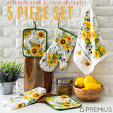 PREMIUS 5 Piece Printed Kitchen Linen Set, 2 Cotton Towels, 2 Pot Holders, 1 Oven Mitt from ShopBobbys