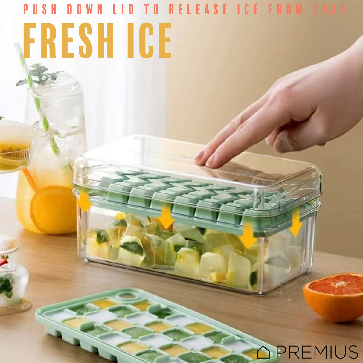 PREMIUS 2 Tray Ice Cube Tray with Container and Scoop, Green-Clear from ShopBobbys