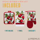 PREMIUS 3 Piece Printed Kitchen Linen Set, 1 Cotton Towel, 1 Pot Holder, 1 Oven Mitt from ShopBobbys