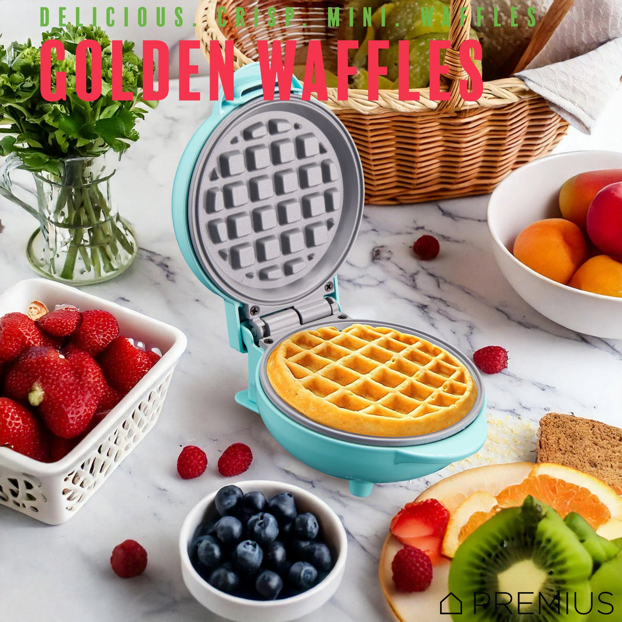 PREMIUS Ceramic Non-Stick Mini Snack Waffle Maker, 4 Inch Mold from ShopBobbys