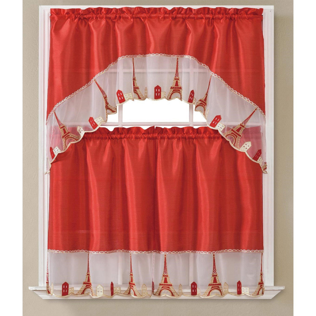 Paris Embroidered Kitchen Curtain Set, Swag 60x36, 30x36 Inches from ShopBobbys