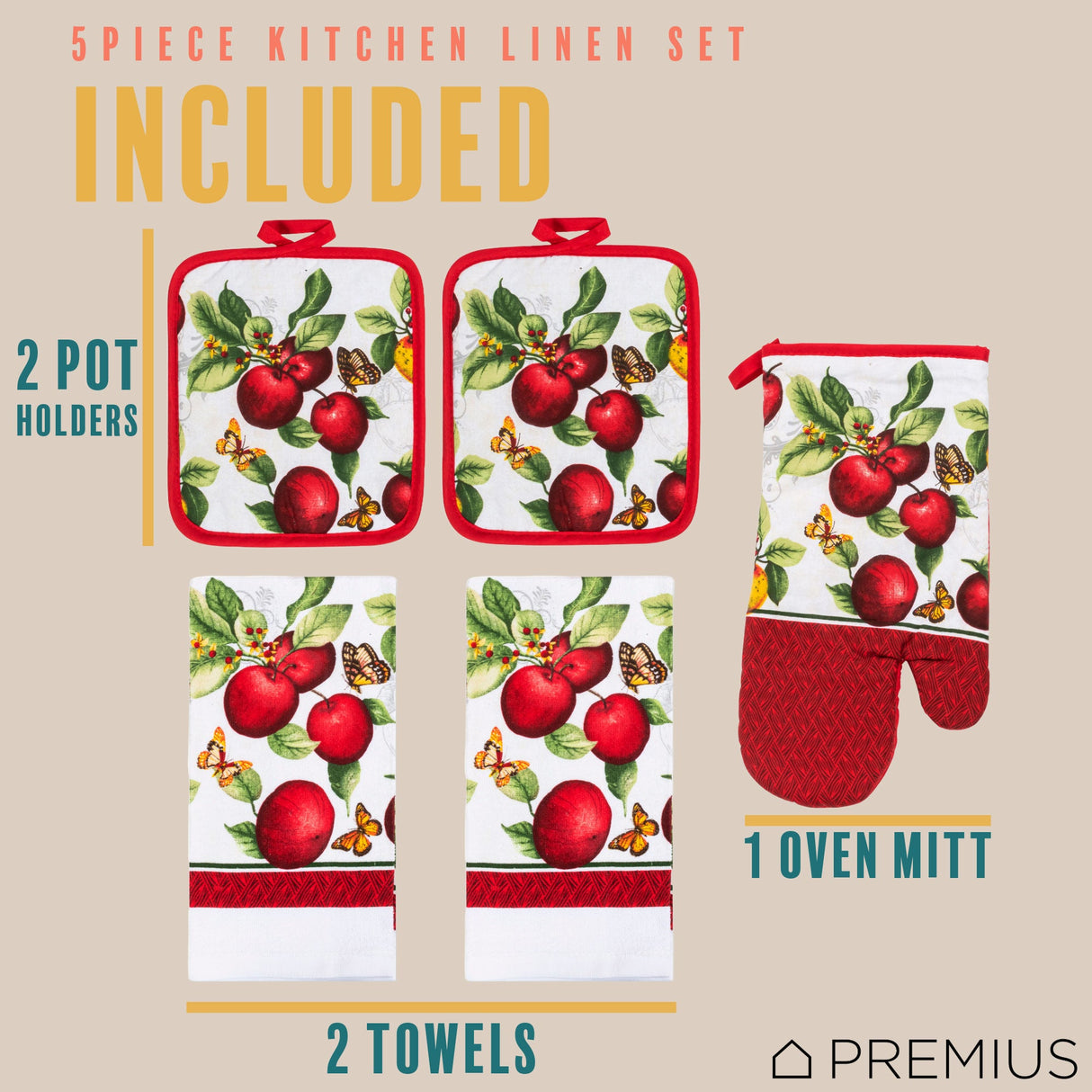PREMIUS 5 Piece Printed Kitchen Linen Set, 2 Cotton Towels, 2 Pot Holders, 1 Oven Mitt from ShopBobbys