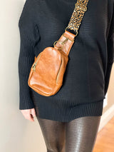 The Isla Sling Bag with Guitar Strap | Dark Brown with Leopard Strap from Babs+Birdie