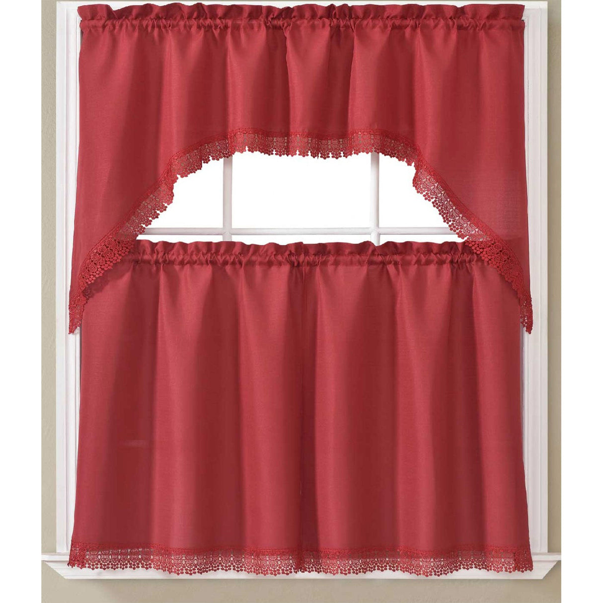 Maggie Kitchen Curtain Set with Macrame Fringes, Swag Valance 60x36, Tiers 30x36 Inches from ShopBobbys