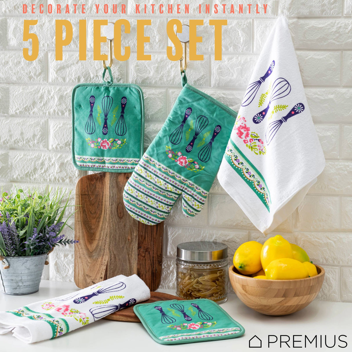 PREMIUS 5 Piece Printed Kitchen Linen Set, 2 Cotton Towels, 2 Pot Holders, 1 Oven Mitt from ShopBobbys