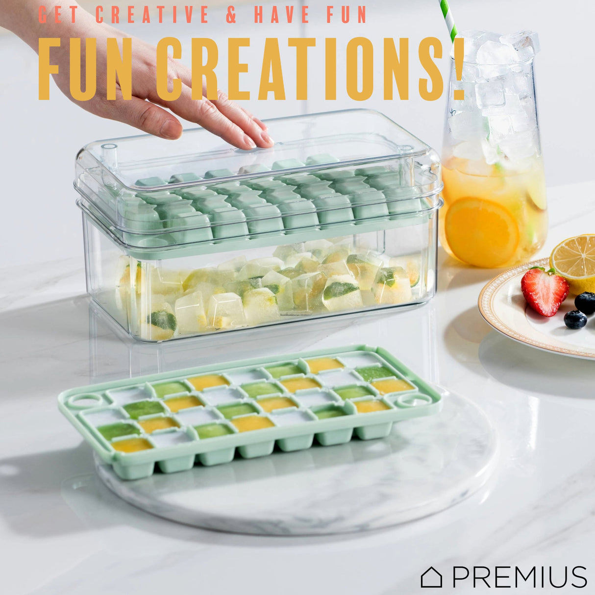PREMIUS 2 Tray Ice Cube Tray with Container and Scoop, Green-Clear from ShopBobbys