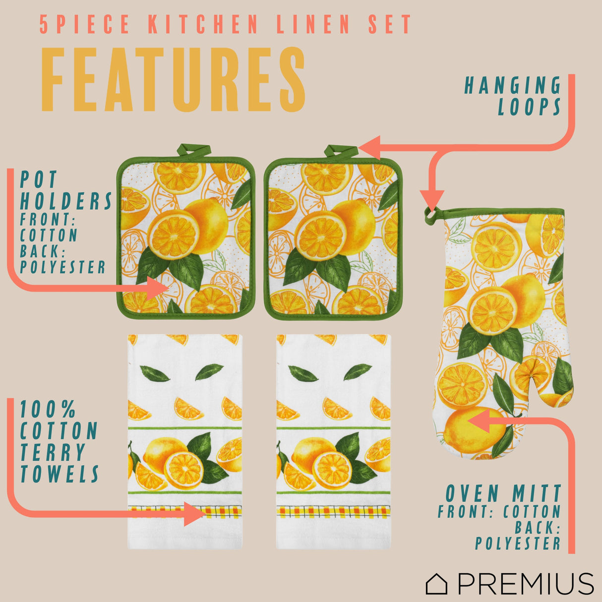 PREMIUS 5 Piece Printed Kitchen Linen Set, 2 Cotton Towels, 2 Pot Holders, 1 Oven Mitt from ShopBobbys