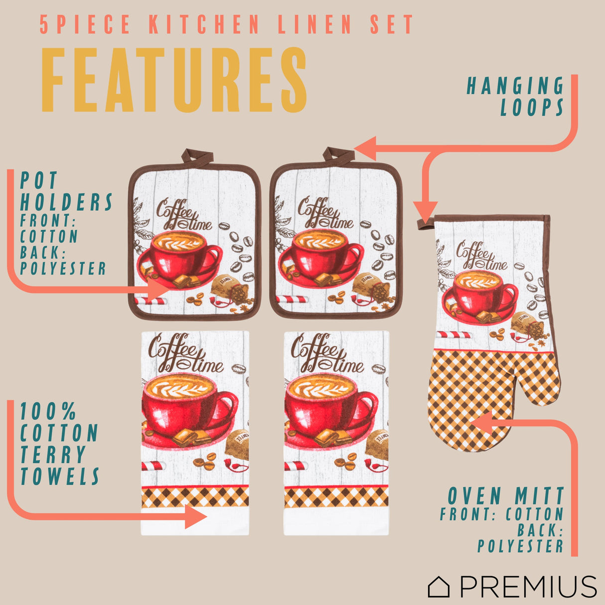 PREMIUS 5 Piece Printed Kitchen Linen Set, 2 Cotton Towels, 2 Pot Holders, 1 Oven Mitt from ShopBobbys
