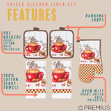 PREMIUS 5 Piece Printed Kitchen Linen Set, 2 Cotton Towels, 2 Pot Holders, 1 Oven Mitt from ShopBobbys