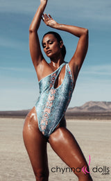 Santorini: Asymmetric Keyhole One-Piece in Blue Snake from Chynna Dolls