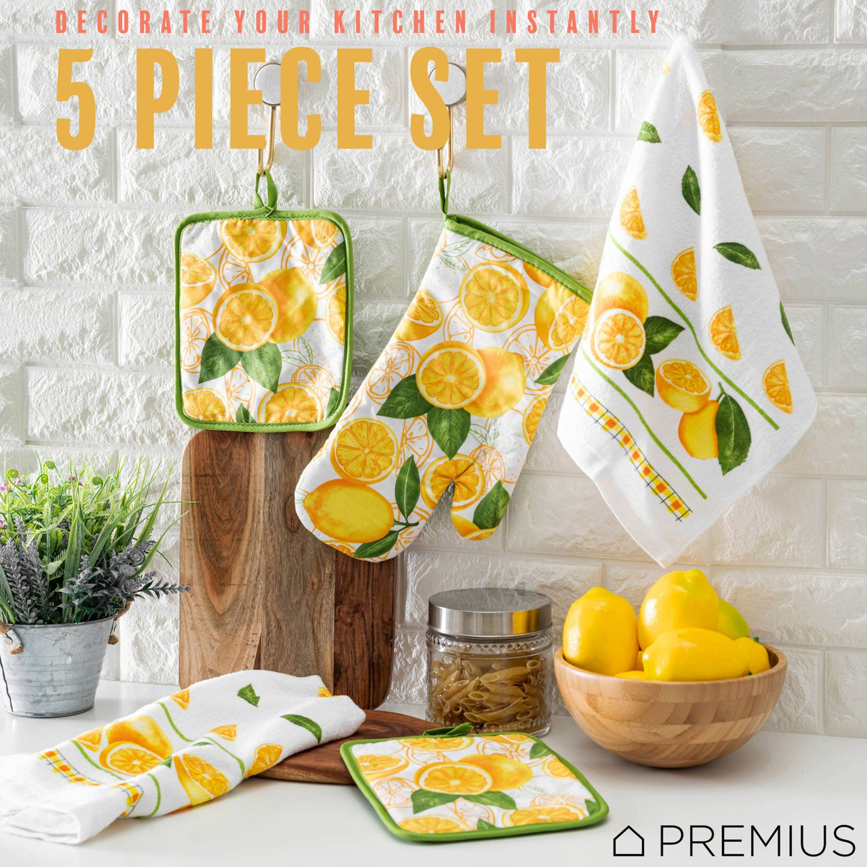 PREMIUS 5 Piece Printed Kitchen Linen Set, 2 Cotton Towels, 2 Pot Holders, 1 Oven Mitt from ShopBobbys