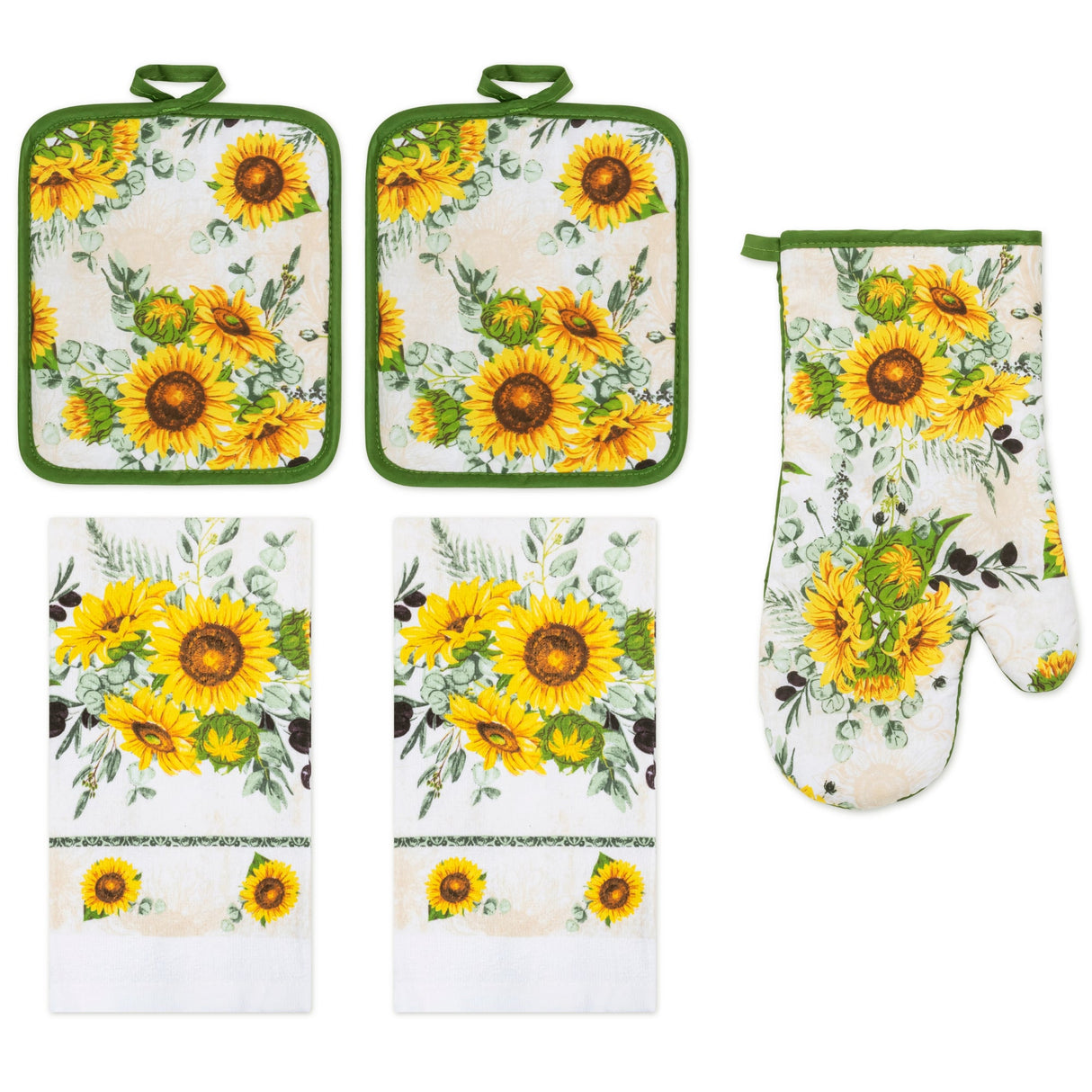 PREMIUS 5 Piece Printed Kitchen Linen Set, 2 Cotton Towels, 2 Pot Holders, 1 Oven Mitt from ShopBobbys