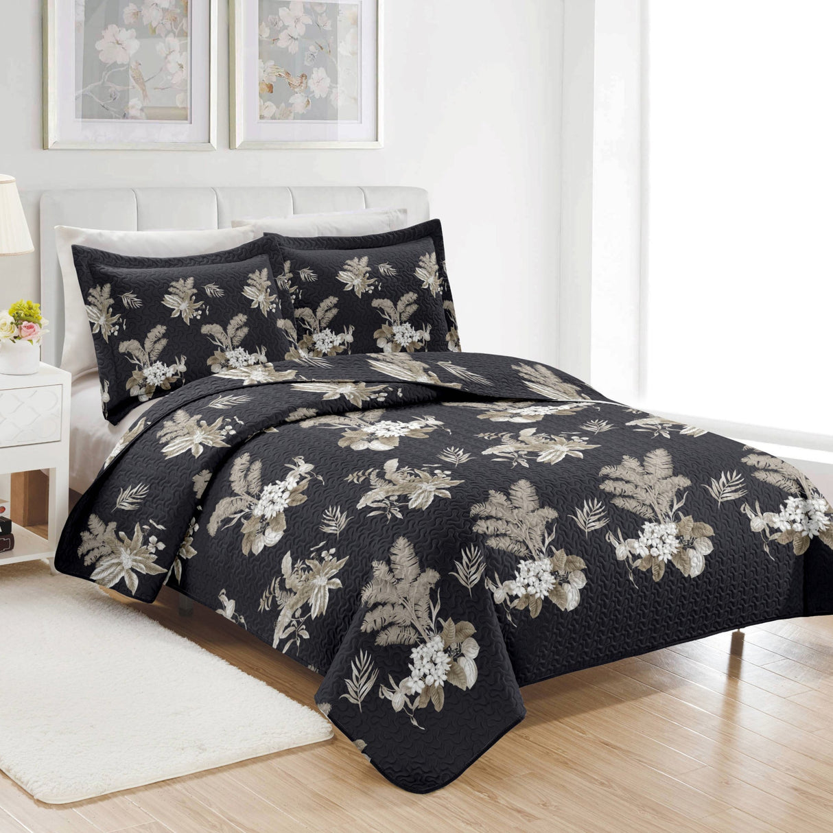 PREMIUS Mia 3 Piece Microfiber Wrinkle-Free Quilt Set, Black-Taupe from ShopBobbys
