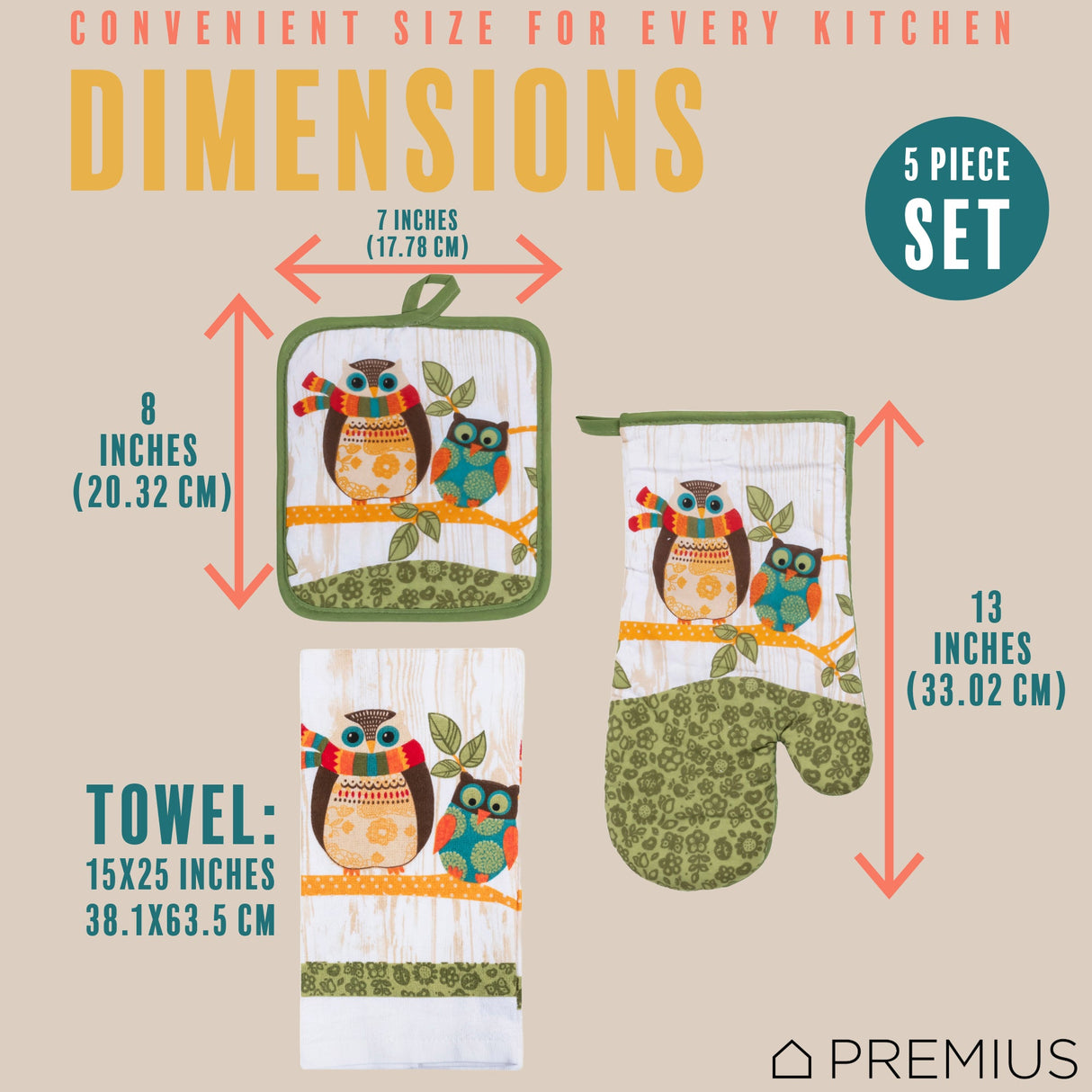 PREMIUS 5 Piece Printed Kitchen Linen Set, 2 Cotton Towels, 2 Pot Holders, 1 Oven Mitt from ShopBobbys