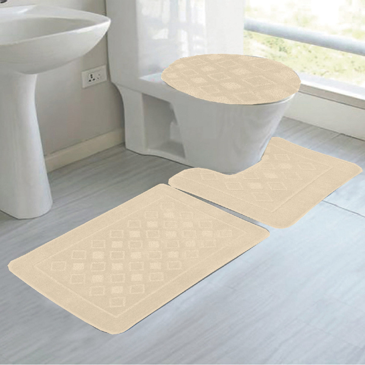 Jenny 3-Piece Diamond Plush Oversized Non-Slip Bath Rug Set from ShopBobbys