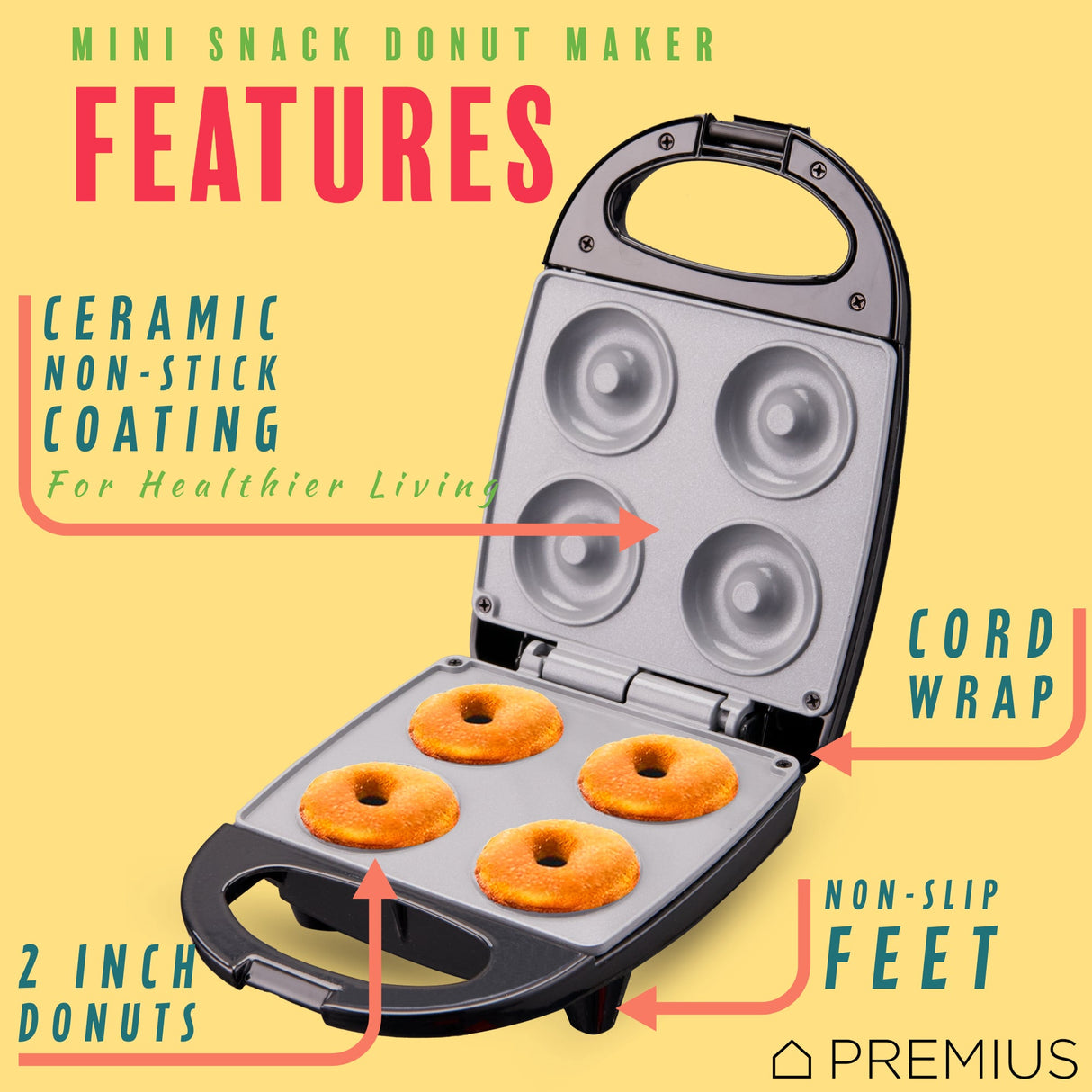 PREMIUS Ceramic Non-Stick Mini Snack Donut Maker, 2 Inch Mold, 4 Count from ShopBobbys