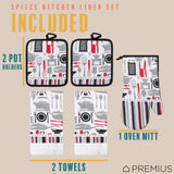 PREMIUS 5 Piece Printed Kitchen Linen Set, 2 Cotton Towels, 2 Pot Holders, 1 Oven Mitt from ShopBobbys