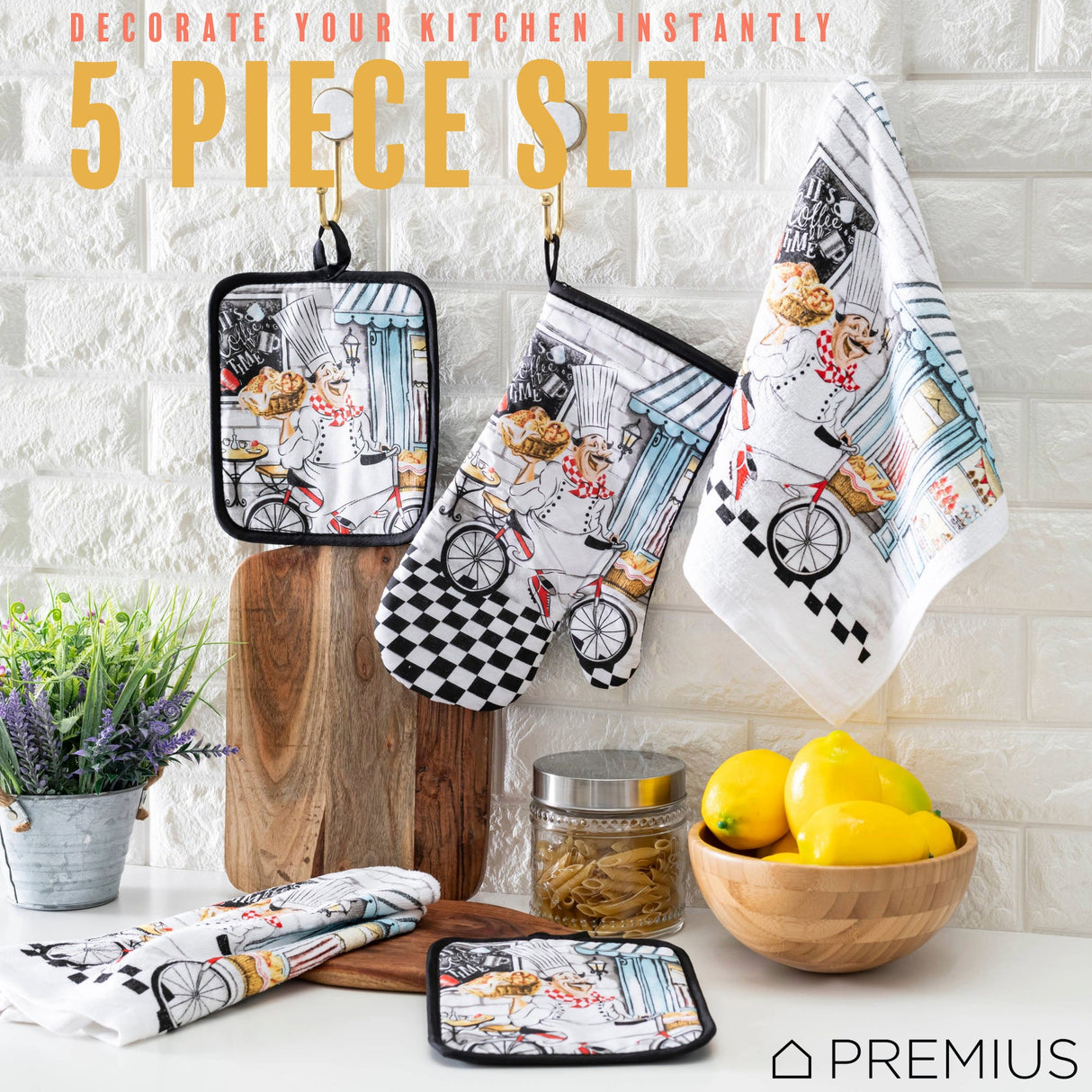 PREMIUS 5 Piece Printed Kitchen Linen Set, 2 Cotton Towels, 2 Pot Holders, 1 Oven Mitt from ShopBobbys