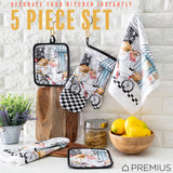 PREMIUS 5 Piece Printed Kitchen Linen Set, 2 Cotton Towels, 2 Pot Holders, 1 Oven Mitt from ShopBobbys