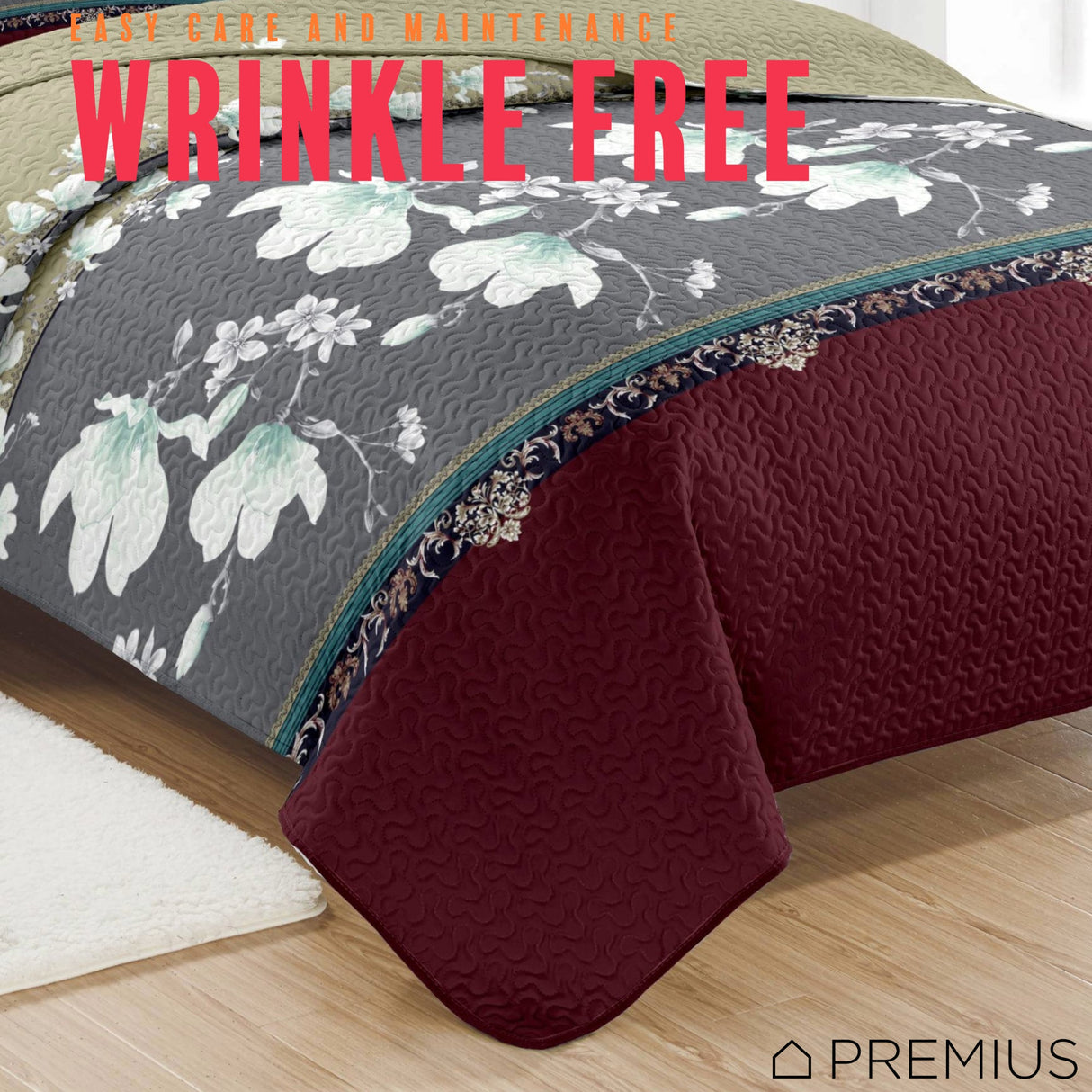 PREMIUS Scarlett 3 Piece Microfiber Wrinkle-Free Quilt Set, Brick-Gray-Beige from ShopBobbys