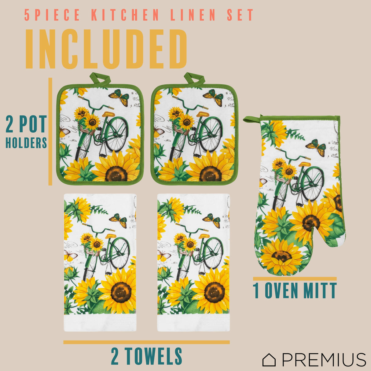 PREMIUS 5 Piece Printed Kitchen Linen Set, 2 Cotton Towels, 2 Pot Holders, 1 Oven Mitt from ShopBobbys