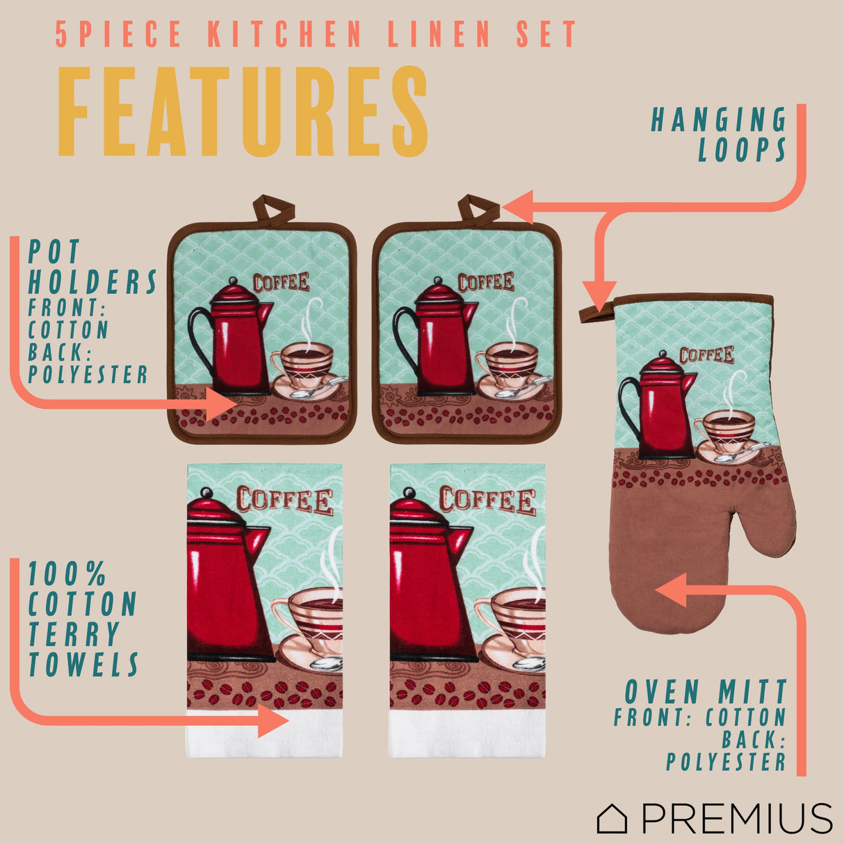 PREMIUS 5 Piece Printed Kitchen Linen Set, 2 Cotton Towels, 2 Pot Holders, 1 Oven Mitt from ShopBobbys