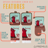 PREMIUS 5 Piece Printed Kitchen Linen Set, 2 Cotton Towels, 2 Pot Holders, 1 Oven Mitt from ShopBobbys