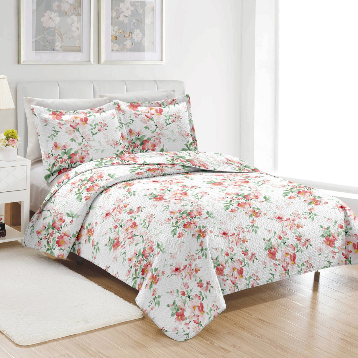 PREMIUS Jennifer 3 Piece Microfiber Wrinkle-Free Quilt Set, White-Red-Green from ShopBobbys