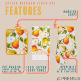 PREMIUS 3 Piece Printed Kitchen Linen Set, 1 Cotton Towel, 1 Pot Holder, 1 Oven Mitt from ShopBobbys