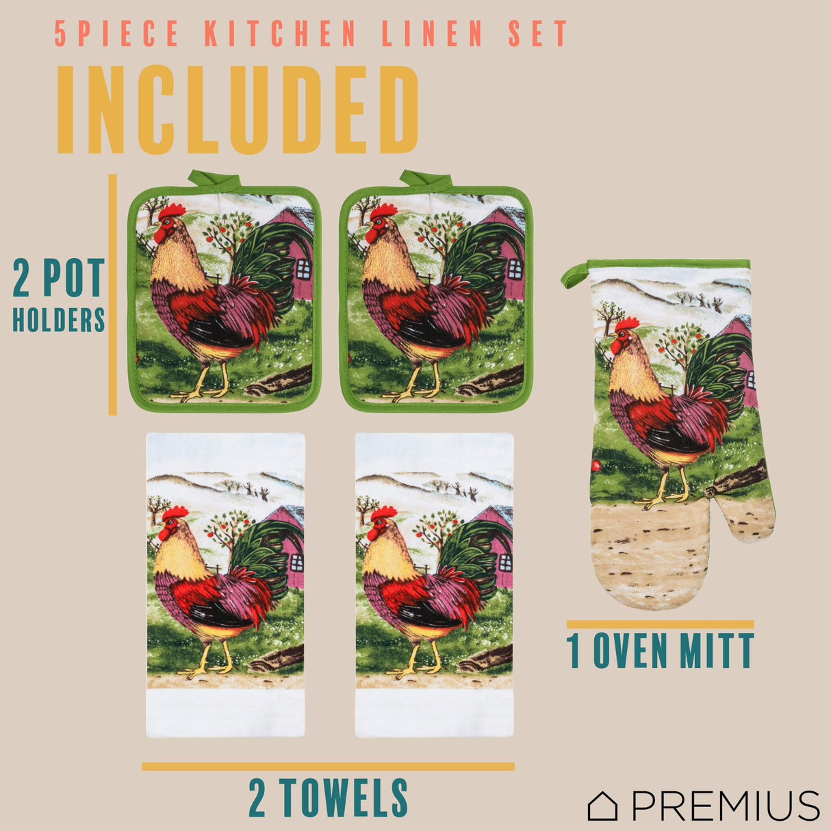 PREMIUS 5 Piece Printed Kitchen Linen Set, 2 Cotton Towels, 2 Pot Holders, 1 Oven Mitt from ShopBobbys