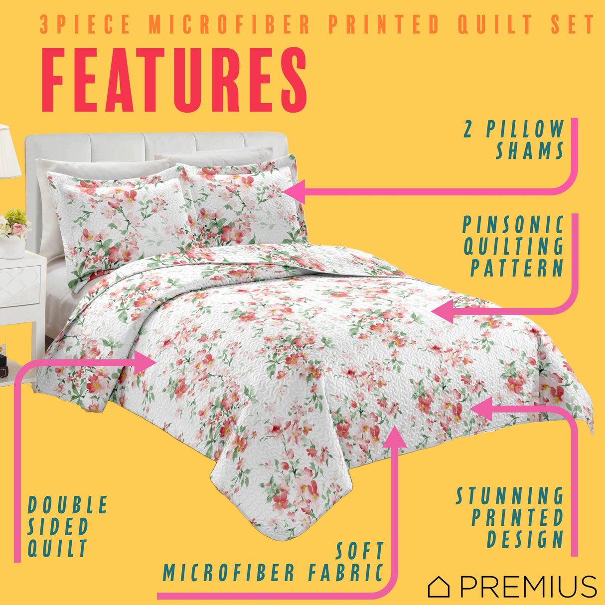 PREMIUS Jennifer 3 Piece Microfiber Wrinkle-Free Quilt Set, White-Red-Green from ShopBobbys