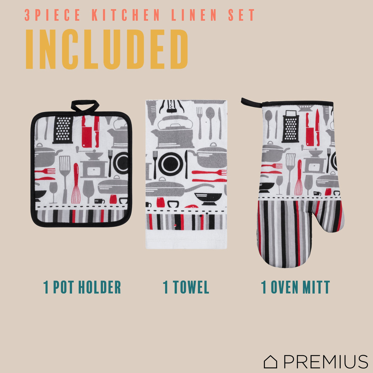 PREMIUS 3 Piece Printed Kitchen Linen Set, 1 Cotton Towel, 1 Pot Holder, 1 Oven Mitt from ShopBobbys