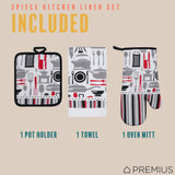 PREMIUS 3 Piece Printed Kitchen Linen Set, 1 Cotton Towel, 1 Pot Holder, 1 Oven Mitt from ShopBobbys